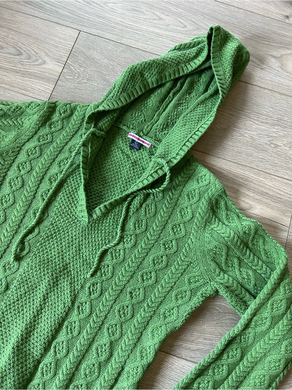 Vintage 90s Ralph Lauren Polo Jeans Hooded Cable Knit V Neck Green Sweater Sz L